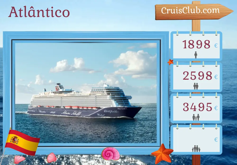 Cruzeiro no Atlântico a partir de Las Palmas a bordo do navio Mein Schiff 1 com visitas à Espanha por 8 dias