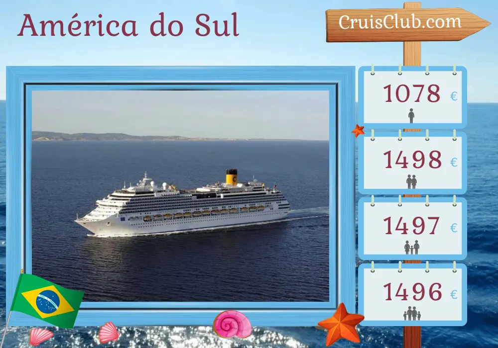 Cruzeiro na América do Sul a partir de Itajaí, a bordo do navio Costa Favolosa, com visitas ao Brasil, Uruguai e Argentina por 8 dias