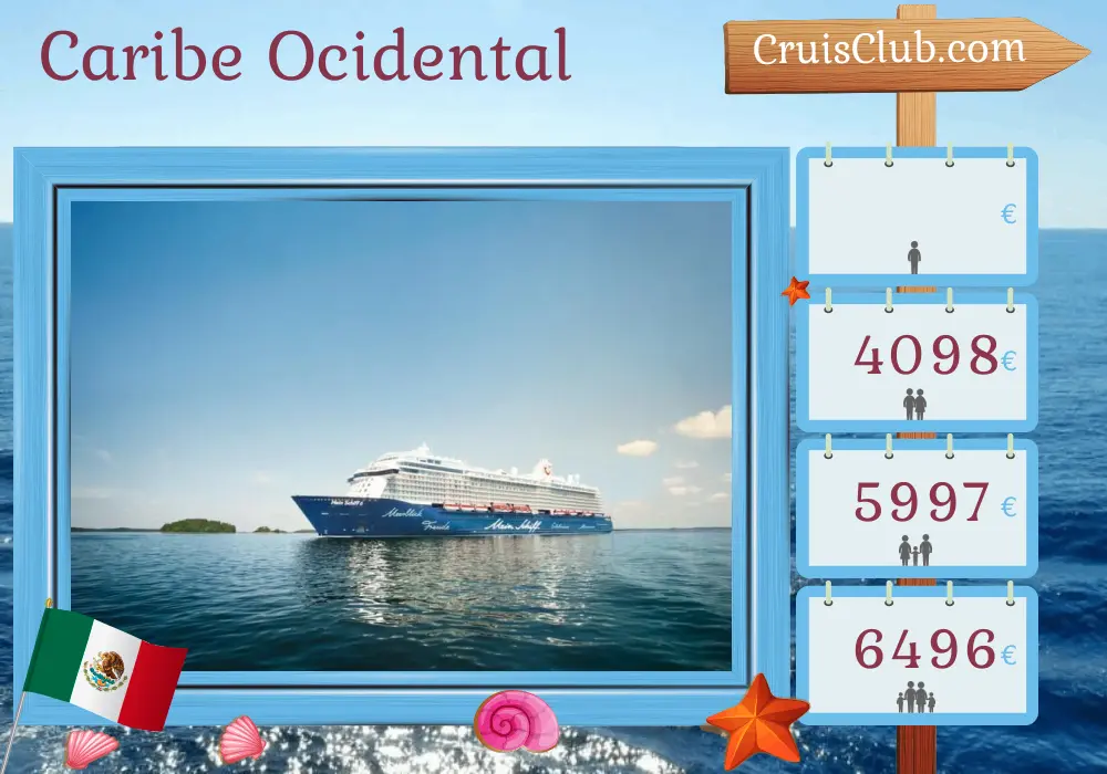 Cruzeiro no Caribe Ocidental a partir de La Romana a bordo do navio Mein Schiff 6 com visitas à República Dominicana, Jamaica, México, Belize, Honduras, Costa Rica, Panamá e Colômbia durante 15 dias