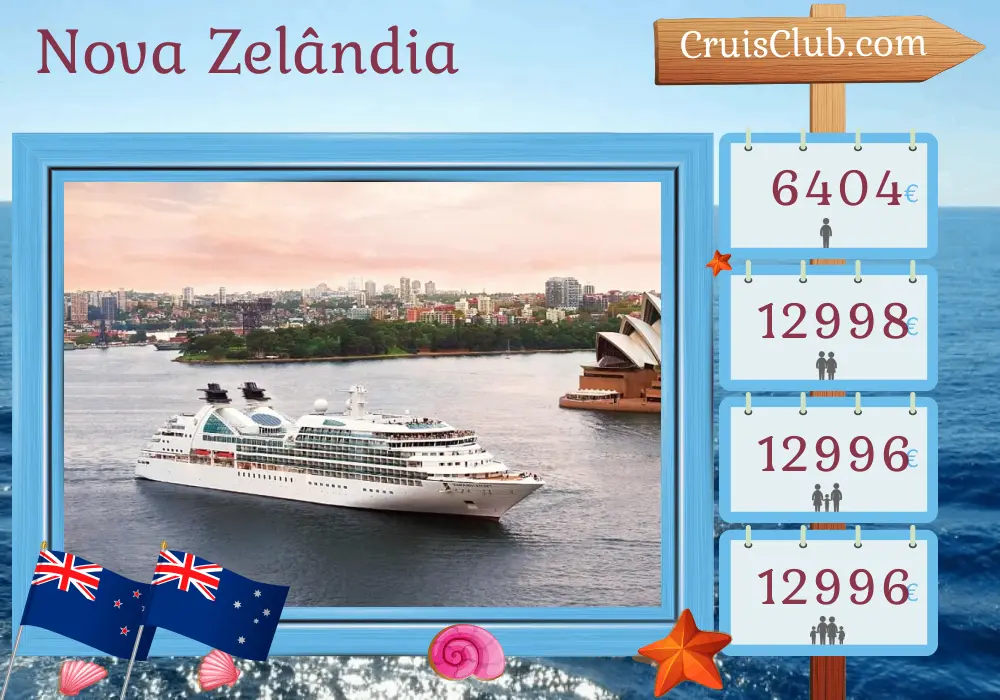 Cruzeiro na Nova Zelândia de Auckland a Sydney a bordo do navio Seabourn Odyssey com visitas à Nova Zelândia e Austrália por 16 dias