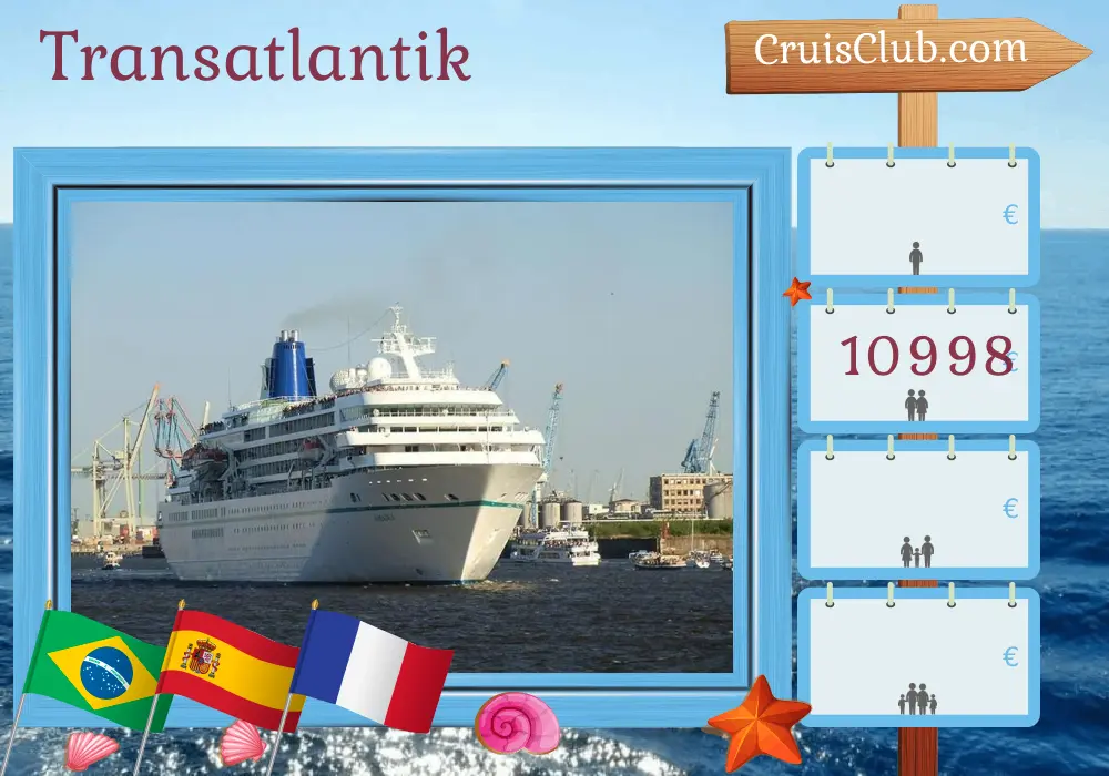 Transatlantikkreuzfahrt von Manaus nach Nizza an Bord des Schiffes Amadea mit Besuchen in Brasilien, Französisch-Guayana, Trinidad und Tobago, Grenada, Saint Vincent und den Grenadinen, Saint Lucia, Barbados, Spanien, Marokko und Frankreich für 27 Tage