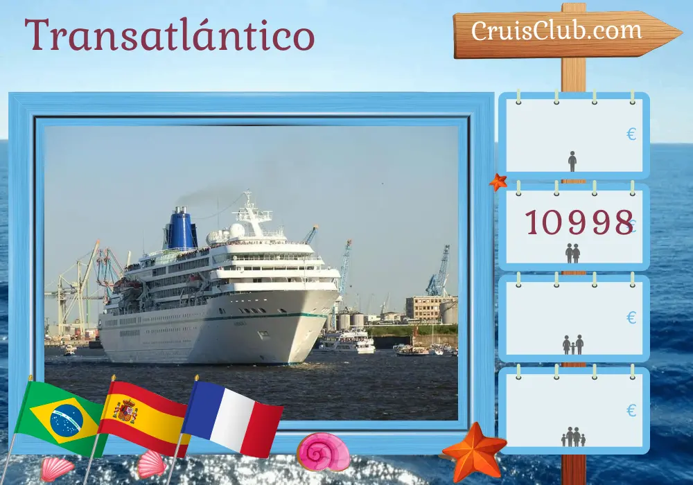 Crucero en el Transatlántico desde Manaus a Niza a bordo del barco Amadea con visitas a Brasil, Guayana Francesa, Trinidad y Tobago, Granada, San Vicente y las Granadinas, Santa Lucía, Barbados, España, Marruecos y Francia durante 27 días