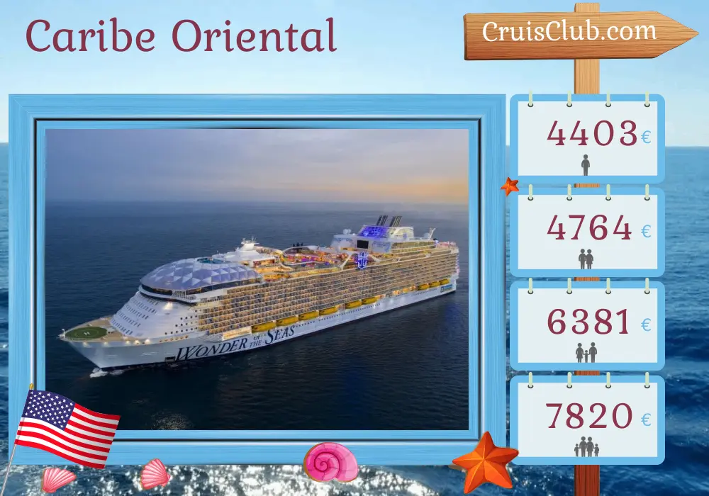 Cruzeiro no Caribe Oriental a partir de Port Canaveral / Orlando a bordo do navio Wonder of the Seas com visitas aos EUA, Bahamas e São Cristóvão e Nevis por 9 dias