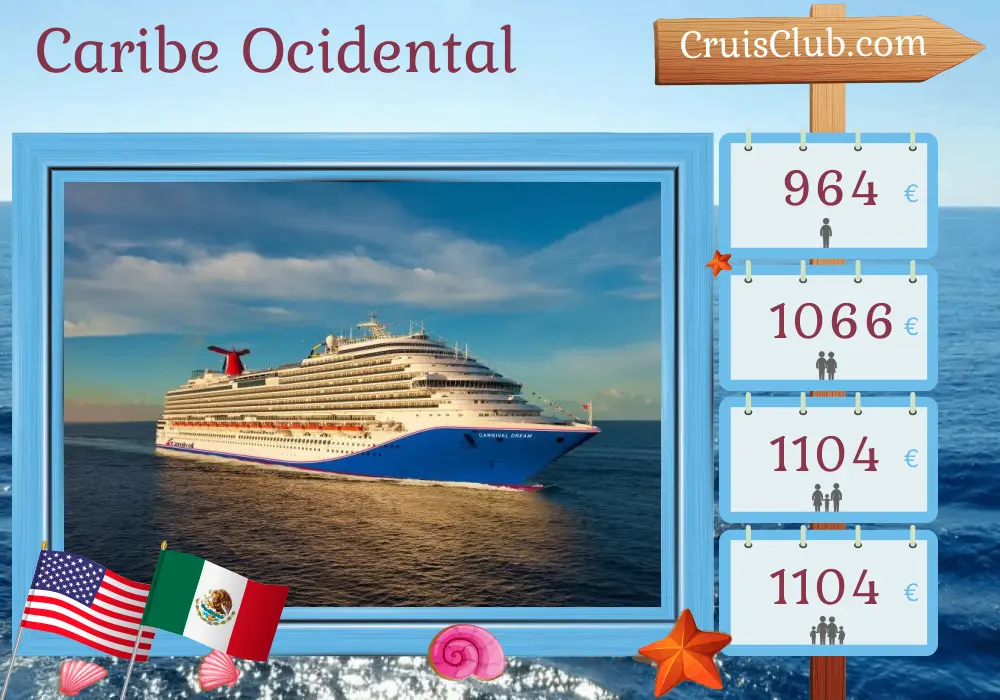 Cruzeiro no Caribe Ocidental saindo de Galveston a bordo do navio Carnival Dream com visitas aos Estados Unidos, México e Honduras por 7 dias