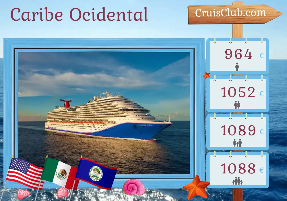 Cruzeiro no Caribe Ocidental a partir de Galveston a bordo do navio Carnival Dream com visitas aos EUA, México e Belize por 7 dias