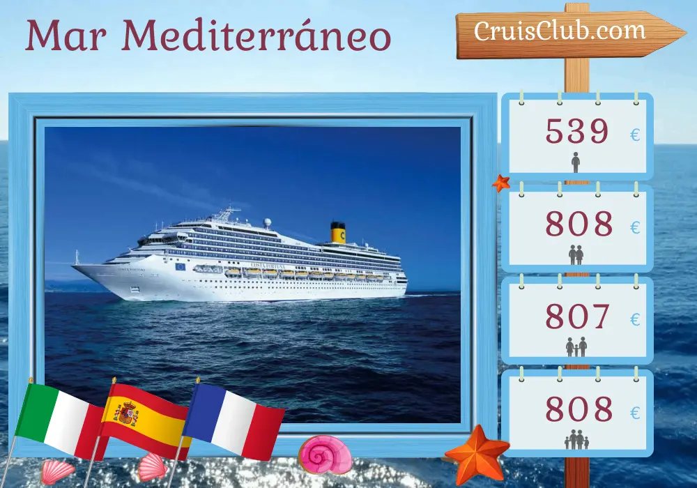 Crucero por el Mediterráneo desde Savona a bordo del Costa Fortuna con visitas a Italia, España y Francia durante 5 días