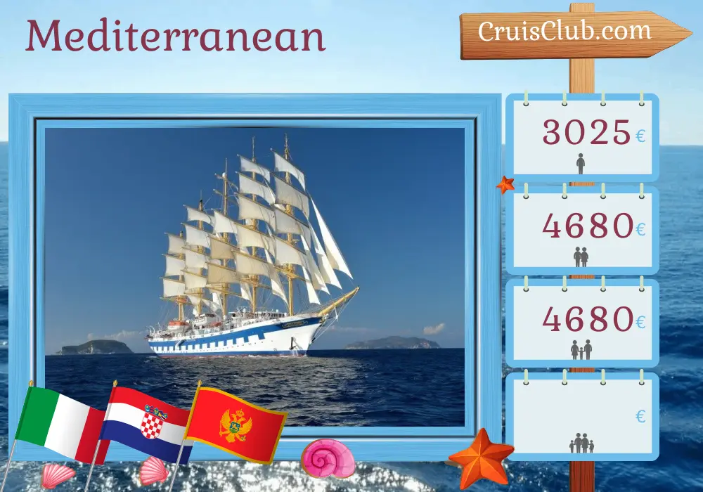 Mediterranean Cruise aboard Royal Clipper ship: Italy, Croatia, and Montenegro for 8 days