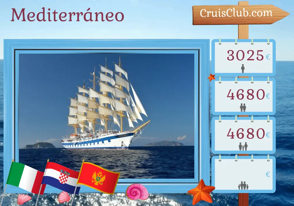 Crucero por el Mediterráneo desde Venecia a bordo del barco Royal Clipper con visitas a Italia, Croacia y Montenegro durante 8 días