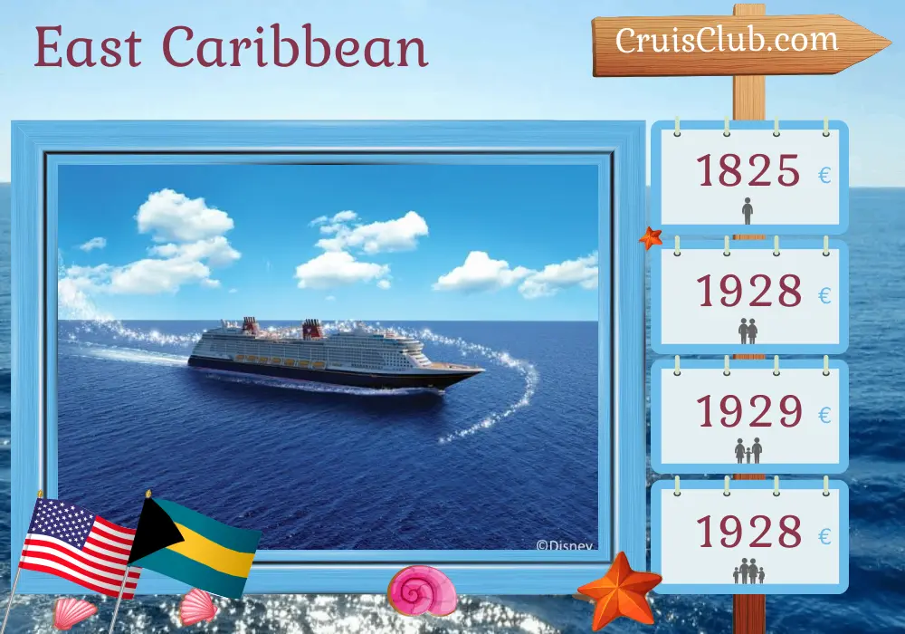 East Caribbean Cruise from Port Canaveral / Orlando aboard Disney Wish ship with visits to USA and Bahamas for 4 days