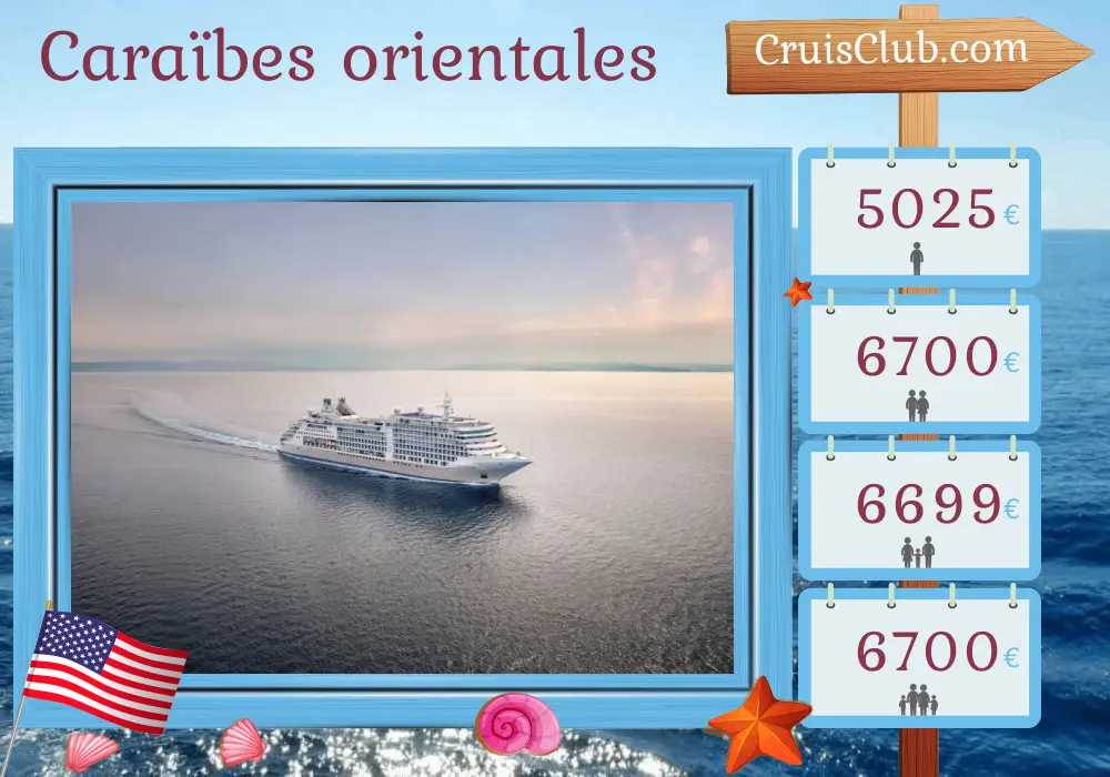 Croisière dans les Caraïbes de l`Est de Fort Lauderdale à Bridgetown à bord du navire Silver Dawn avec escales aux États-Unis, à Porto Rico, en Dominique, à Saint-Vincent-et-les-Grenadines, en Martinique, à la Grenade et à la Barbade pendant 11 jours