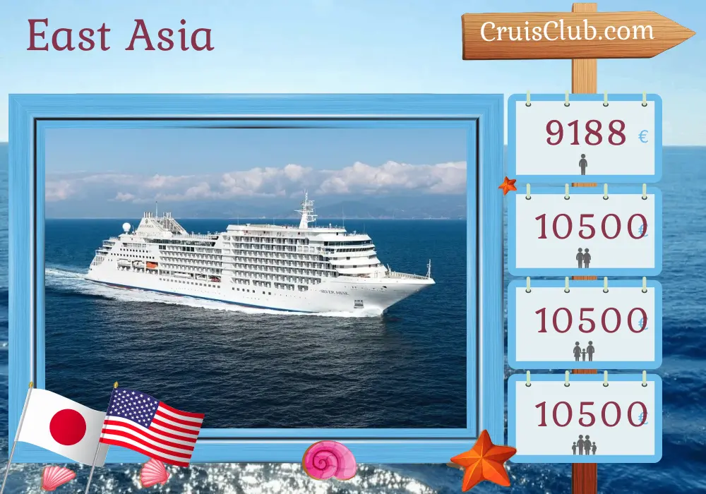 Cruise in the East Asia from Tokyo to Seward/Anchorage aboard Silver Muse ship with visits to Japan and USA for 17 days