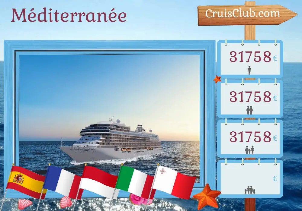 Croisière en Méditerranée depuis Barcelone à bord du navire Seven Seas Grandeur avec visites en Espagne, en France, à Monaco, en Italie et à Malte pendant 15 jours