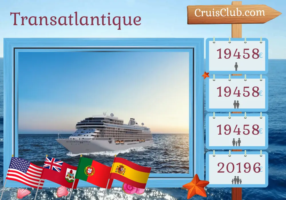 Croisière transatlantique de New York à Barcelone à bord du navire Seven Seas Grandeur avec des visites aux États-Unis, aux Bermudes, au Portugal et en Espagne pendant 15 jours