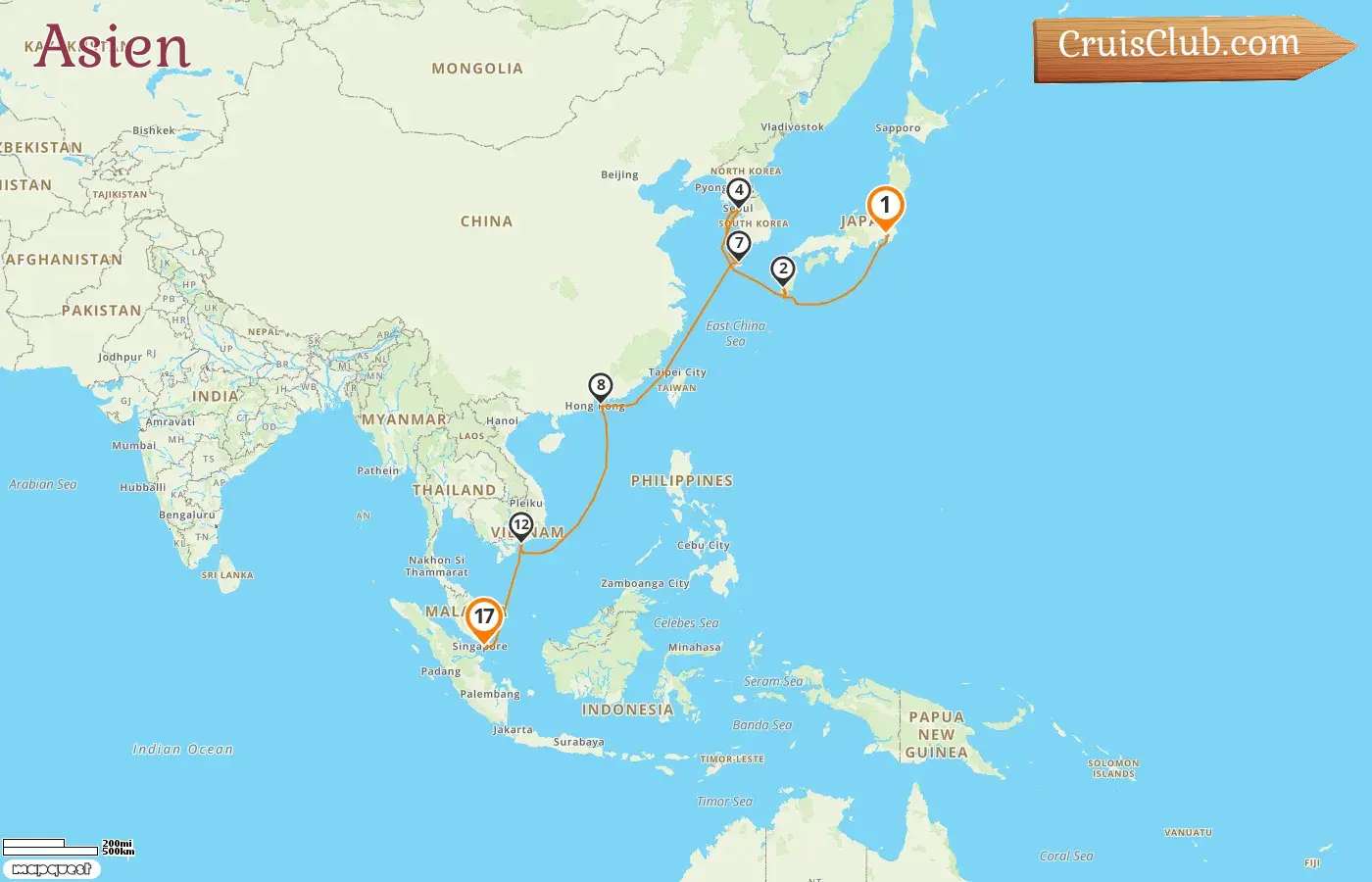 Kreuzfahrt in Asien von Tokyo nach Singapur an Bord des Schiffes Silver Moon mit Besuchen in Japan, Südkorea, Hongkong, Vietnam und Singapur für 17 Tage