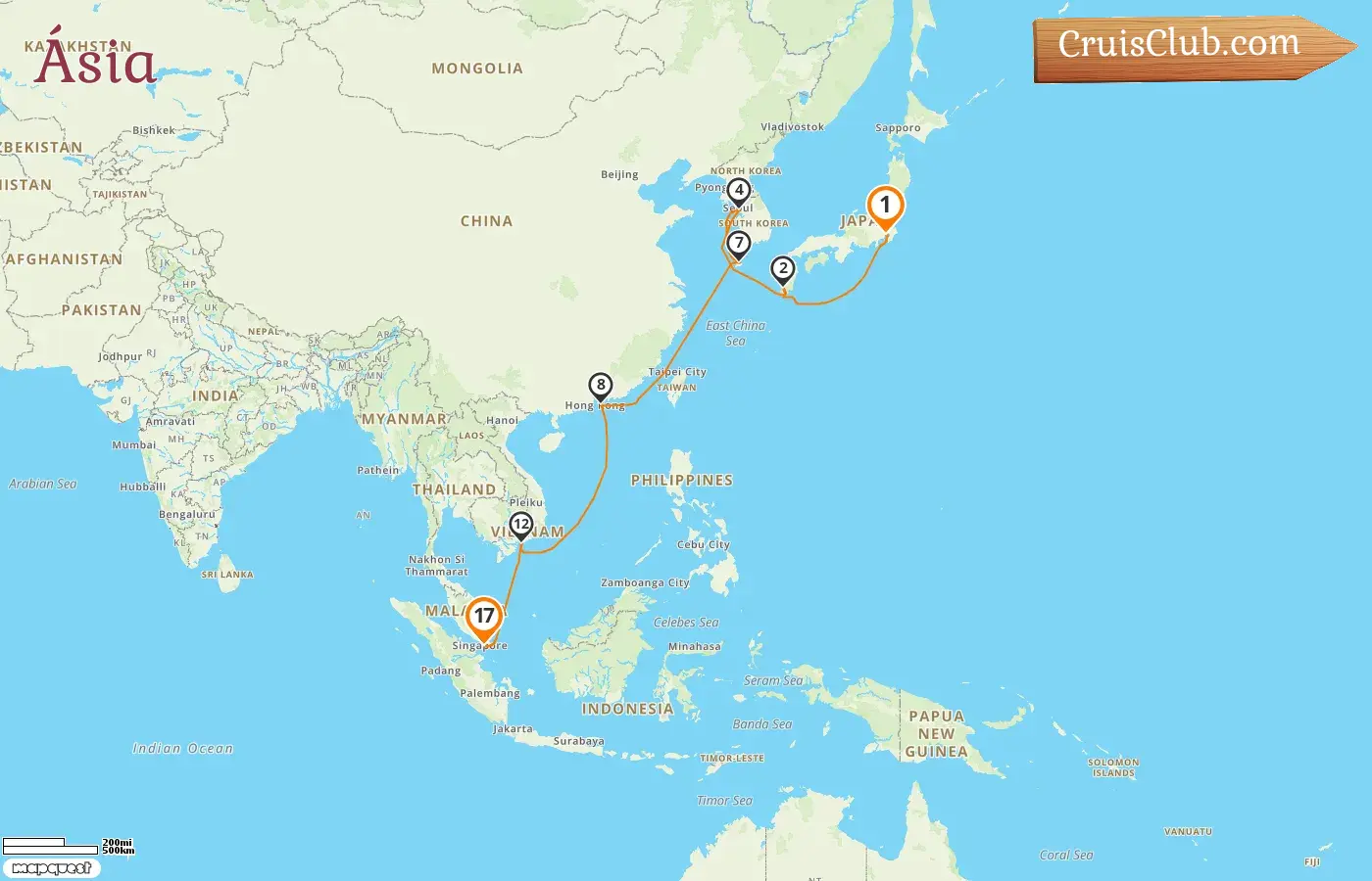 Cruzeiro na Ásia de Tóquio a Singapura a bordo do navio Silver Moon com visitas ao Japão, Coreia do Sul, Hong Kong, Vietnã e Singapura por 17 dias