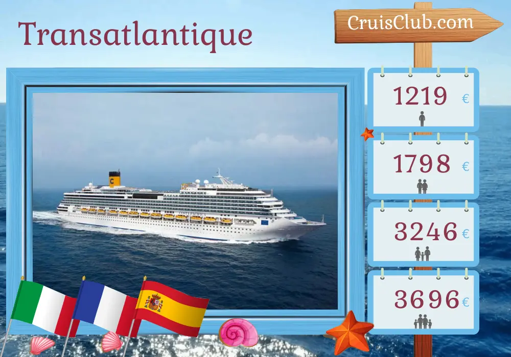 Croisière transatlantique de Savone à Santo Domingo à bord du navire Costa Pacifica avec des visites en Italie, en France, en Espagne, à Sainte-Lucie et en République dominicaine pendant 15 jours