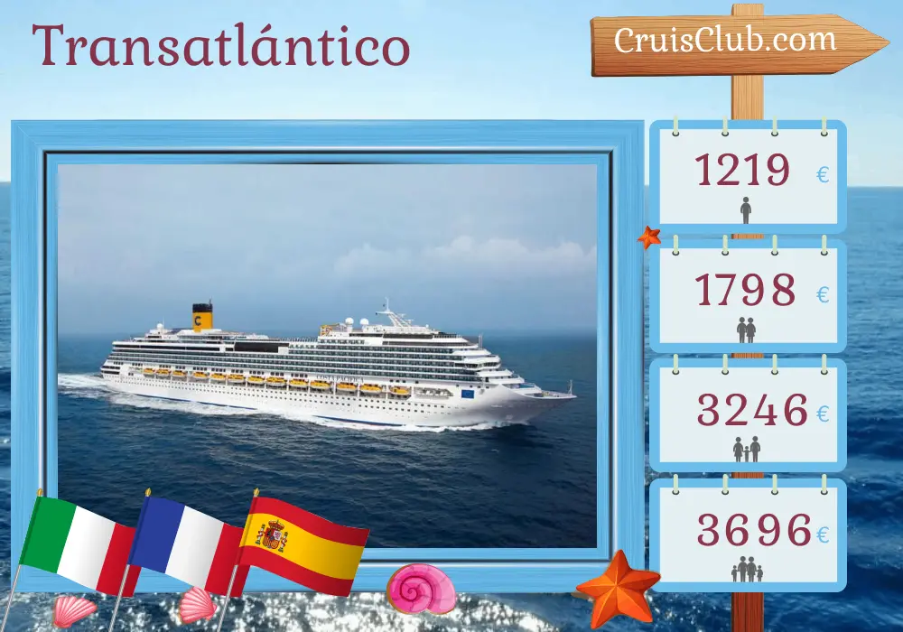 Crucero Transatlántico desde Savona a Santo Domingo a bordo del barco Costa Pacifica con visitas a Italia, Francia, España, Santa Lucía y República Dominicana durante 15 días