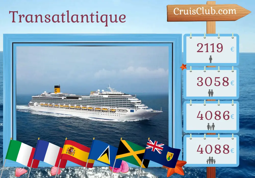 Croisière Transatlantique de Savone à Santo Domingo à bord du Costa Pacifica avec escales en Italie, en France, en Espagne, à Sainte-Lucie, en République Dominicaine et en Jamaïque pendant 22 jours