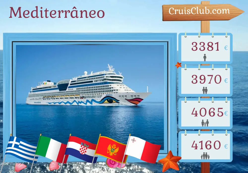 Cruzeiro no Mediterrâneo a partir de Corfu a bordo do navio AIDAblu com visitas à Grécia, Itália, Croácia, Montenegro e Malta por 15 dias