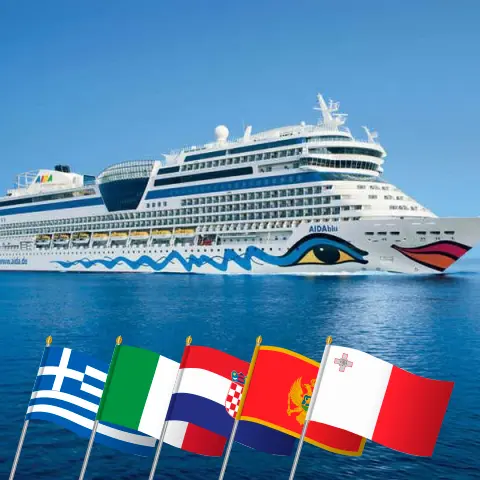 Cruzeiro no Mediterrâneo a partir de Corfu a bordo do navio AIDAblu com visitas à Grécia, Itália, Croácia, Montenegro e Malta por 15 dias