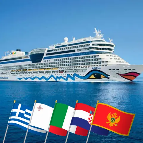 Crucero por el Mediterráneo desde Corfú a bordo del barco AIDAblu con visitas a Grecia, Malta, Italia, Croacia y Montenegro durante 15 días