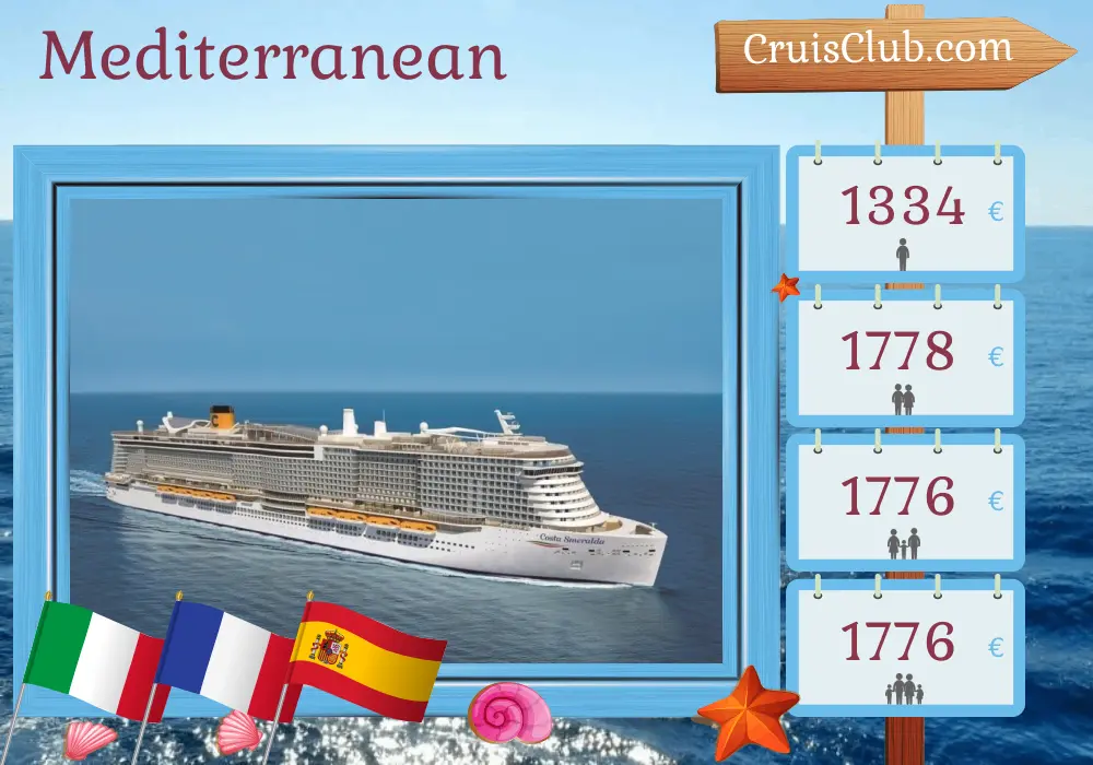 Cruise in the Mediterranean from Civitavecchia aboard Costa Smeralda ship with visits to Italy, France, and Spain for 8 days