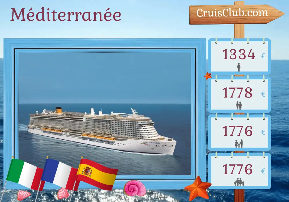 Croisière en Méditerranée au départ de Civitavecchia à bord du navire Costa Smeralda avec escales en Italie, en France et en Espagne pendant 8 jours