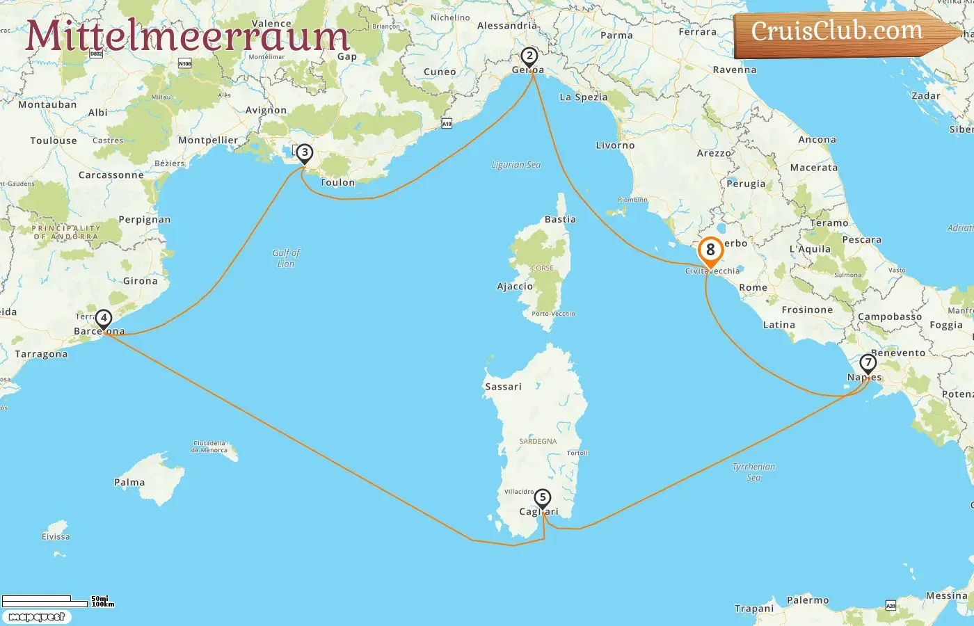 Kreuzfahrt im Mittelmeer von Civitavecchia an Bord des Schiffes Costa Toscana mit Besuchen in Italien, Frankreich und Spanien für 8 Tage