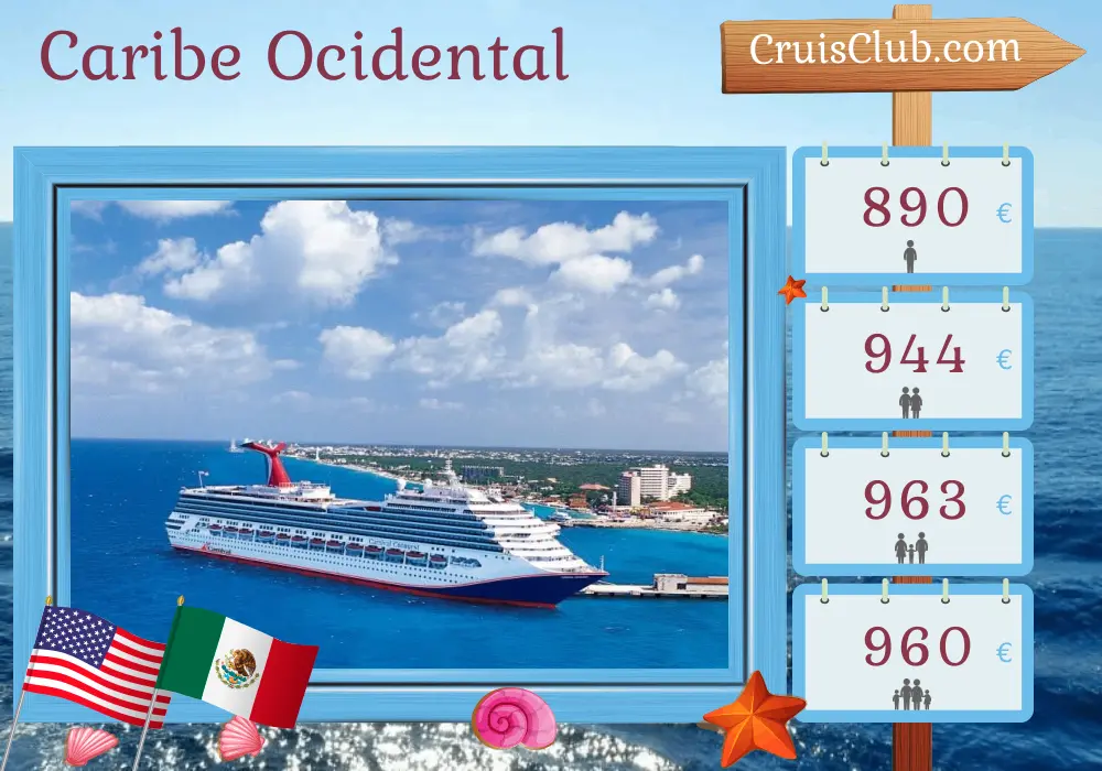 Cruzeiro no Caribe Ocidental saindo de Miami a bordo do navio Carnival Conquest com visitas aos Estados Unidos e México por 5 dias