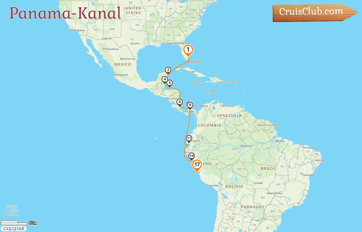 Kreuzfahrt im Panamakanal von Fort Lauderdale nach Lima an Bord des Schiffes Silver Nova mit Besuchen in den USA, Mexiko, Belize, Honduras, Costa Rica, Panama, Ecuador und Peru für 17 Tage