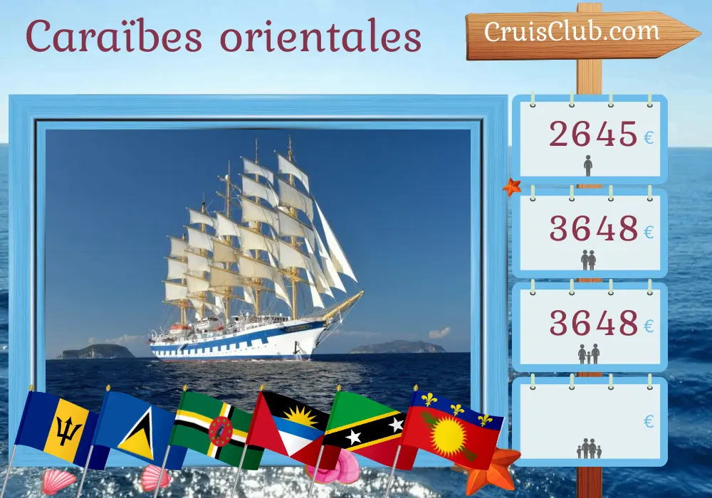 Croisière dans les Caraïbes de l`Est au départ de Bridgetown à bord du navire Royal Clipper avec des visites à la Barbade, Sainte-Lucie, la Dominique, Saint-Christophe-et-Niévès et la Guadeloupe pendant 8 jours