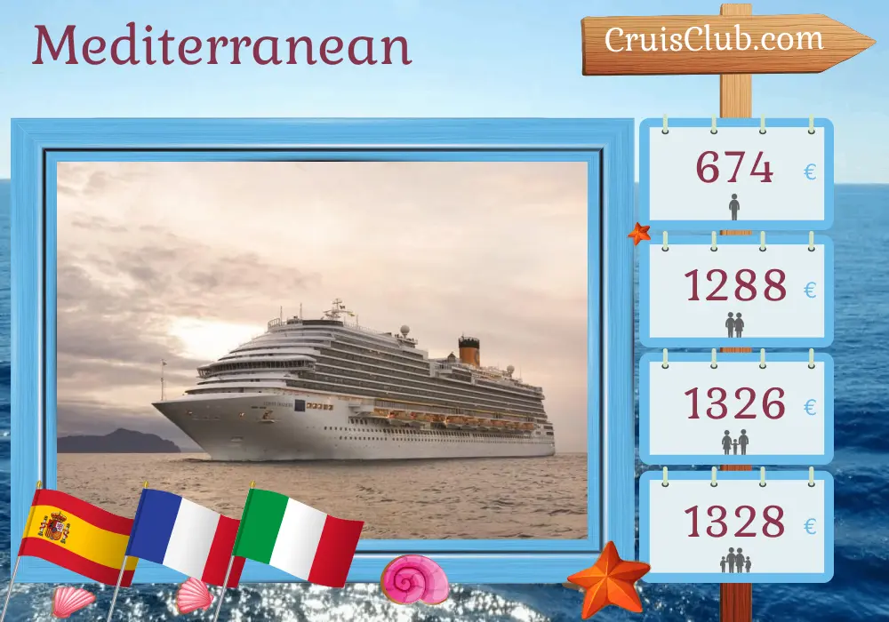 Cruise in the Mediterranean from Barcelona aboard Costa Diadema ship with visits to Spain, France, and Italy for 5 days