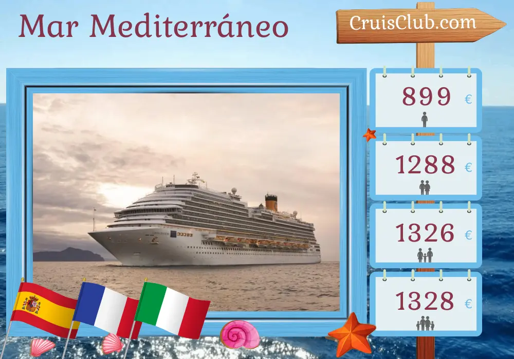 Crucero por el Mediterráneo desde Barcelona a bordo del barco Costa Diadema con visitas a España, Francia e Italia durante 5 días