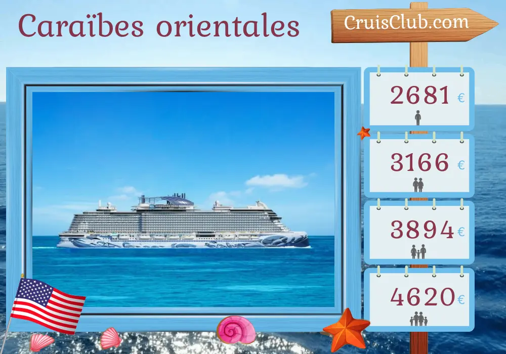 Croisière dans les Caraïbes de l`Est de Miami à New York à bord du navire Norwegian Prima avec des visites aux États-Unis, aux Bahamas, en République dominicaine, à Aruba, à Curaçao et à Porto Rico pendant 12 jours