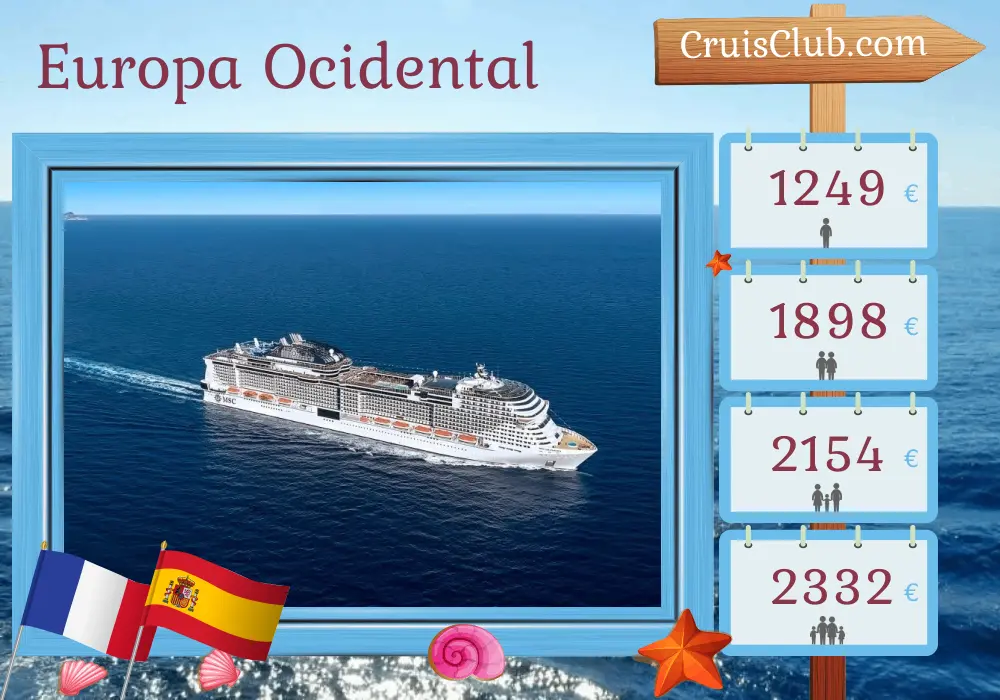 Cruzeiro na Europa Ocidental de Southampton a bordo do navio MSC Virtuosa com visitas a França e Espanha por 8 dias