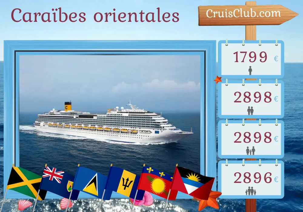 Croisière dans les Caraïbes de l`Est au départ de La Romana à bord du navire Costa Pacifica avec des visites en République dominicaine, en Jamaïque, à Sainte-Lucie, à la Barbade, en Guadeloupe et aux îles Vierges britanniques pendant 15 jours