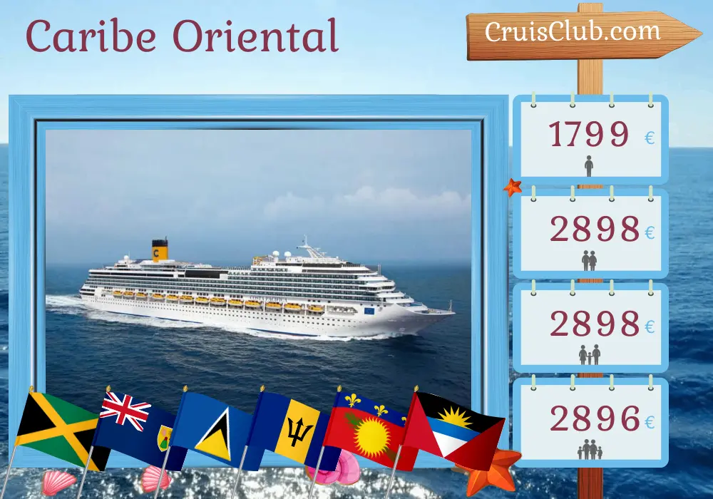 Cruzeiro no Caribe Oriental saindo de La Romana a bordo do navio Costa Pacifica com visita à República Dominicana, Jamaica, Santa Lúcia, Barbados, Guadalupe e Ilhas Virgens Britânicas por 15 dias