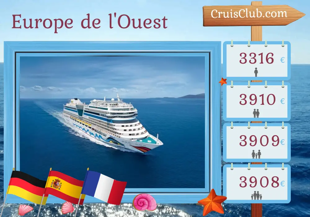 Croisière en Europe de l`Ouest depuis Hambourg à bord du navire AIDAsol avec des visites en Allemagne, en Espagne et en France pendant 13 jours