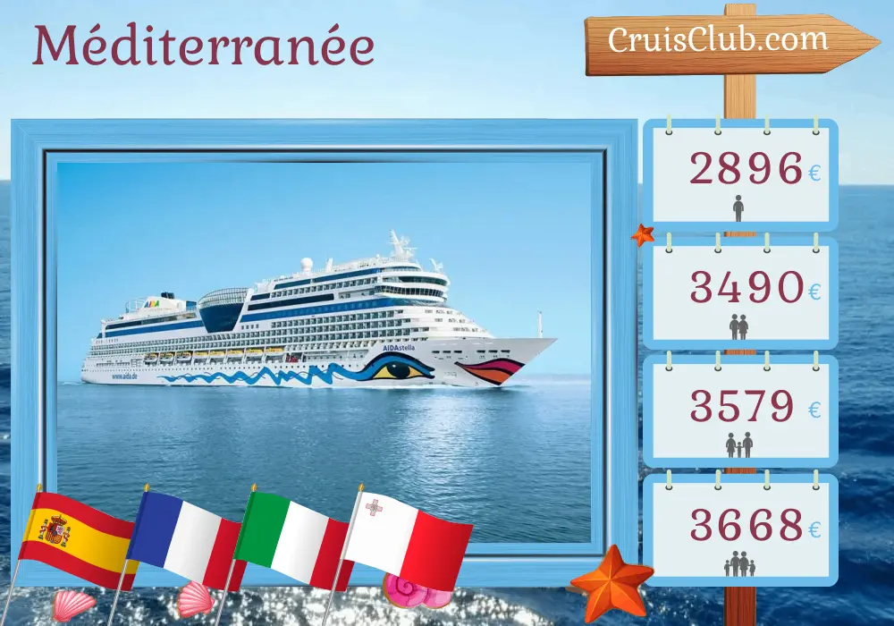 Croisière en Méditerranée depuis Palma à bord du navire AIDAstella avec des visites en Espagne, en France, en Italie et à Malte pendant 12 jours