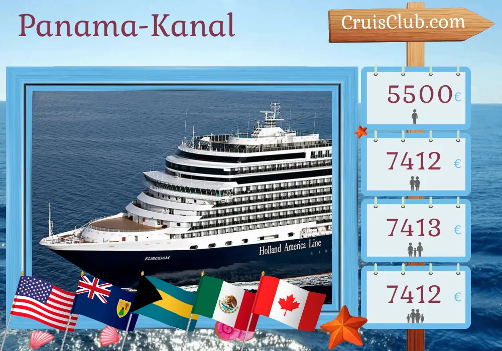 Kreuzfahrt im Panamakanal von Fort Lauderdale nach Vancouver an Bord des Schiffes Eurodam mit Besuchen in den USA, Puerto Rico, den Bahamas, Kolumbien, Panama, Costa Rica, Nicaragua, Guatemala, Mexiko und Kanada für 28 Tage