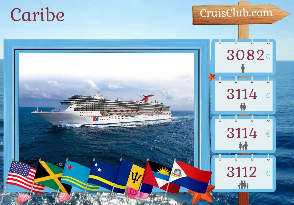 Cruzeiro no Caribe de Tampa a Baltimore a bordo do navio Carnival Pride com visitas aos Estados Unidos, Jamaica, Aruba, Curaçao e Barbados durante 15 dias