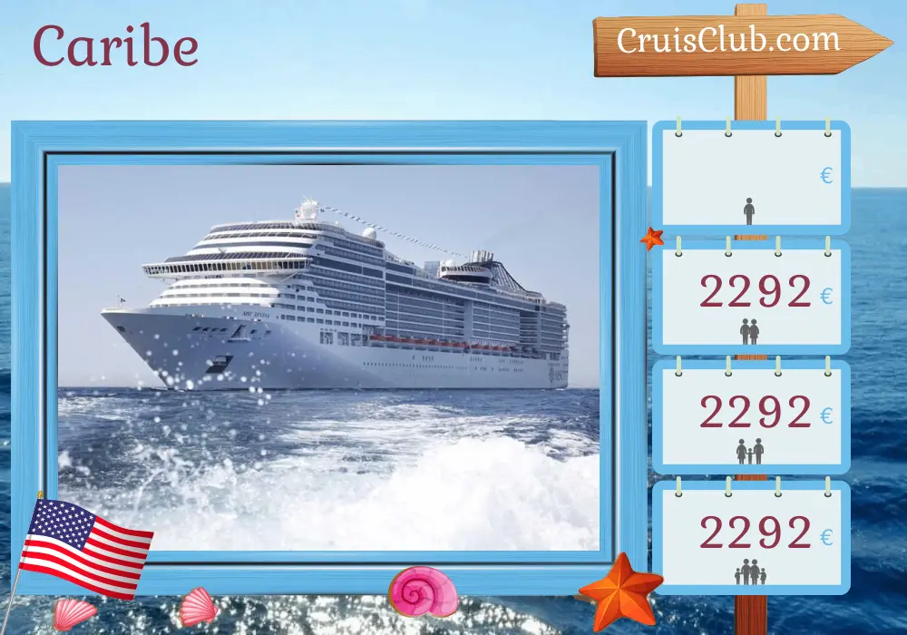 Cruzeiro no Caribe saindo de Miami a bordo do navio MSC Divina com visitas aos Estados Unidos, Jamaica, Aruba, Colômbia, Panamá, Costa Rica e Bahamas durante 12 dias