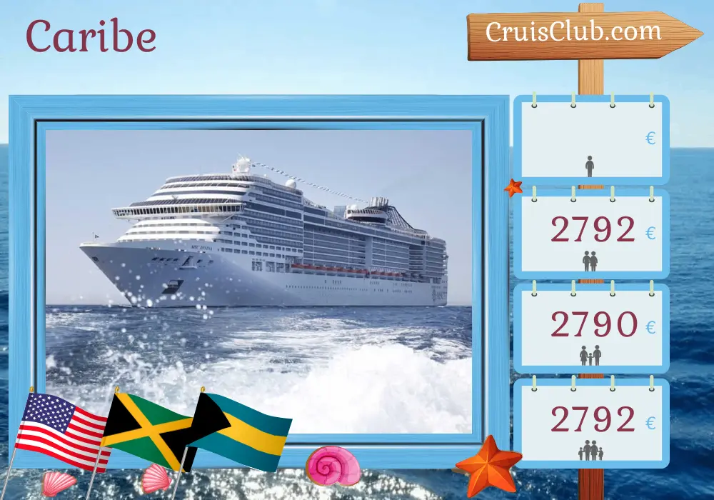 Cruzeiro no Caribe a partir de Miami a bordo do navio MSC Divina, com visitas aos Estados Unidos, Jamaica, Colômbia, Panamá, Costa Rica, Honduras e Bahamas por 12 dias