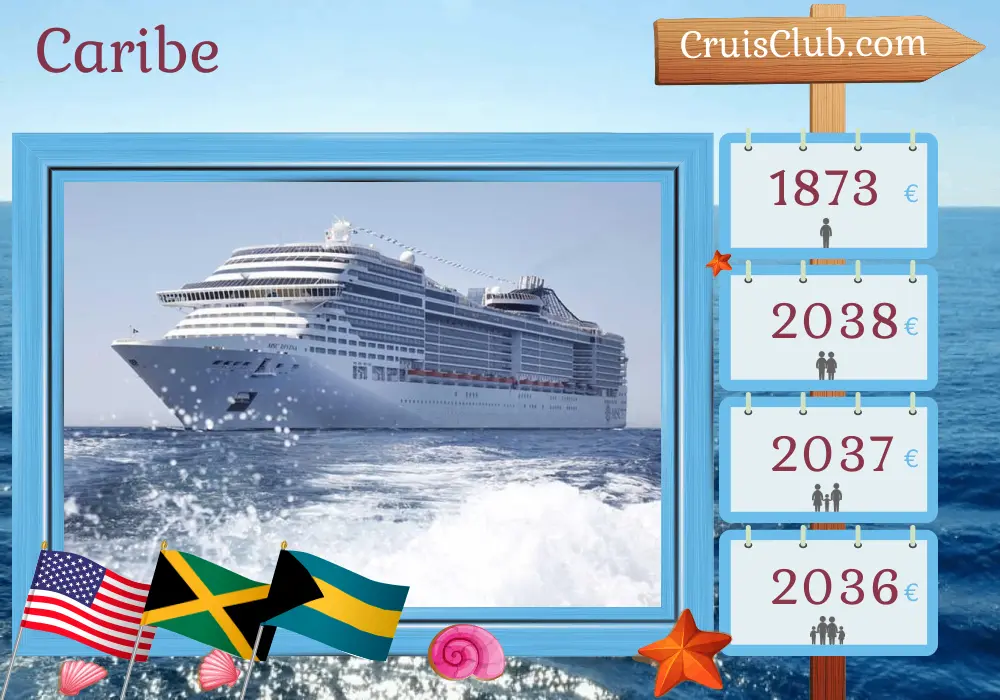 Cruzeiro no Caribe a partir de Miami a bordo do navio MSC Divina, com visitas aos Estados Unidos, Jamaica, Colômbia, Panamá, Costa Rica, Honduras e Bahamas por 12 dias