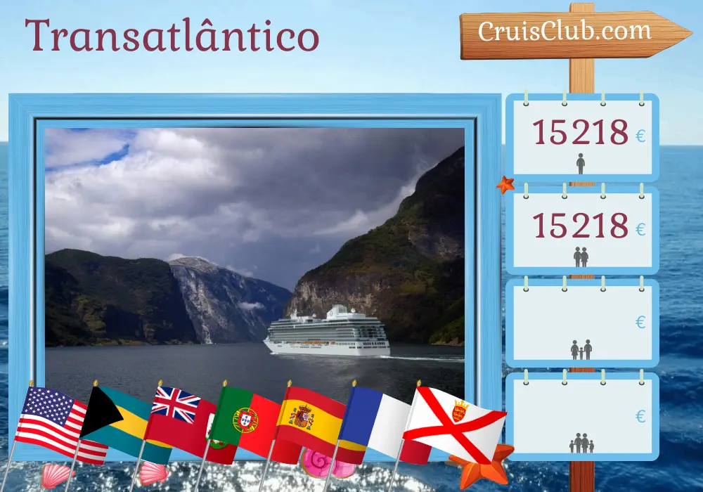 Cruzeiro Transatlântico de Miami a Southampton a bordo do navio Vista com visitas aos EUA, Bahamas, Bermudas, Portugal, Espanha, França e Jersey por 23 dias