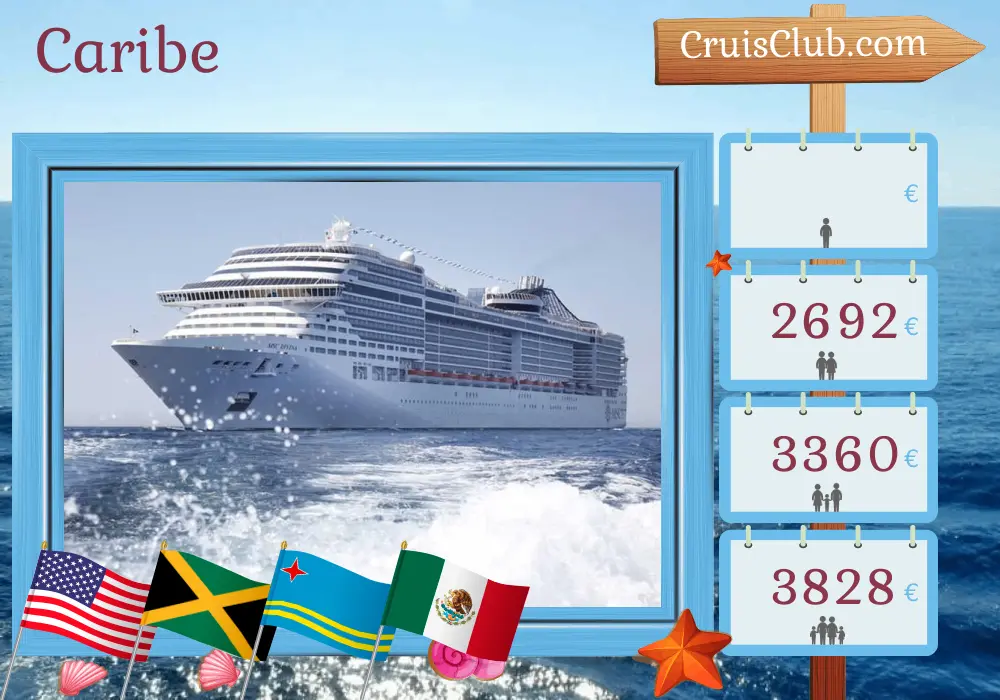 Crucero por el Caribe desde Miami a bordo del barco MSC Divina con visitas a Estados Unidos, Jamaica, Aruba, Colombia, Panamá, Honduras y México durante 12 días