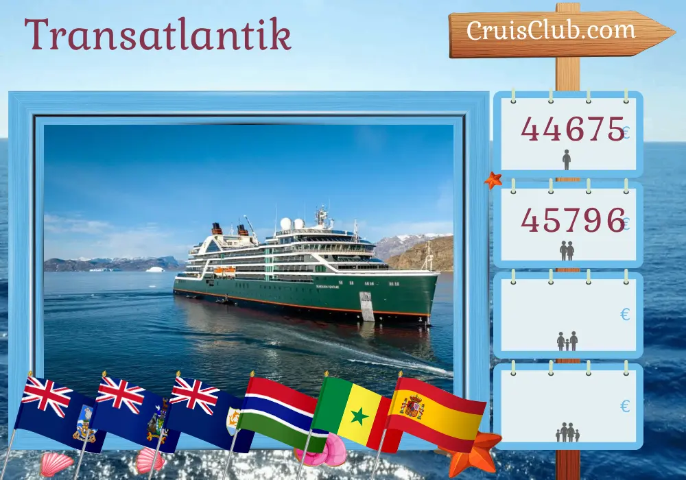 Transatlantik-Kreuzfahrt von Ushuaia nach Málaga an Bord des Schiffes Seabourn Venture mit Besuchen in Argentinien, den Falklandinseln, Gambia, Senegal, Marokko und Spanien für 42 Tage