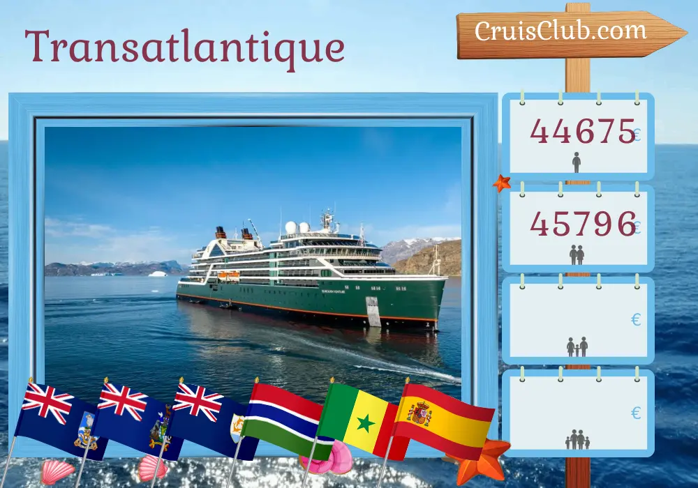 Croisière transatlantique d`Ushuaia à Malaga à bord du navire Seabourn Venture avec visites en Argentine, aux îles Falkland, en Gambie, au Sénégal, au Maroc et en Espagne pendant 42 jours