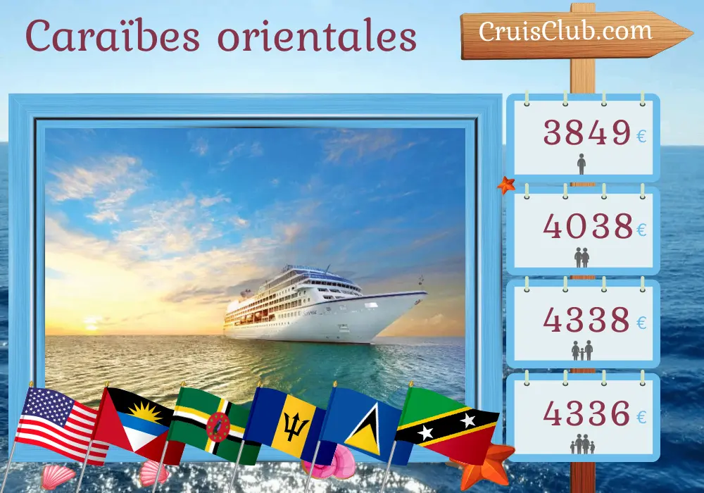 Croisière dans les Caraïbes de l`Est au départ de Miami à bord du navire Sirena avec escales aux États-Unis, à Porto Rico, à la Dominique, à la Barbade, à Sainte-Lucie, à Saint-Christophe-et-Niévès et aux Îles Vierges britanniques pendant 13 jours