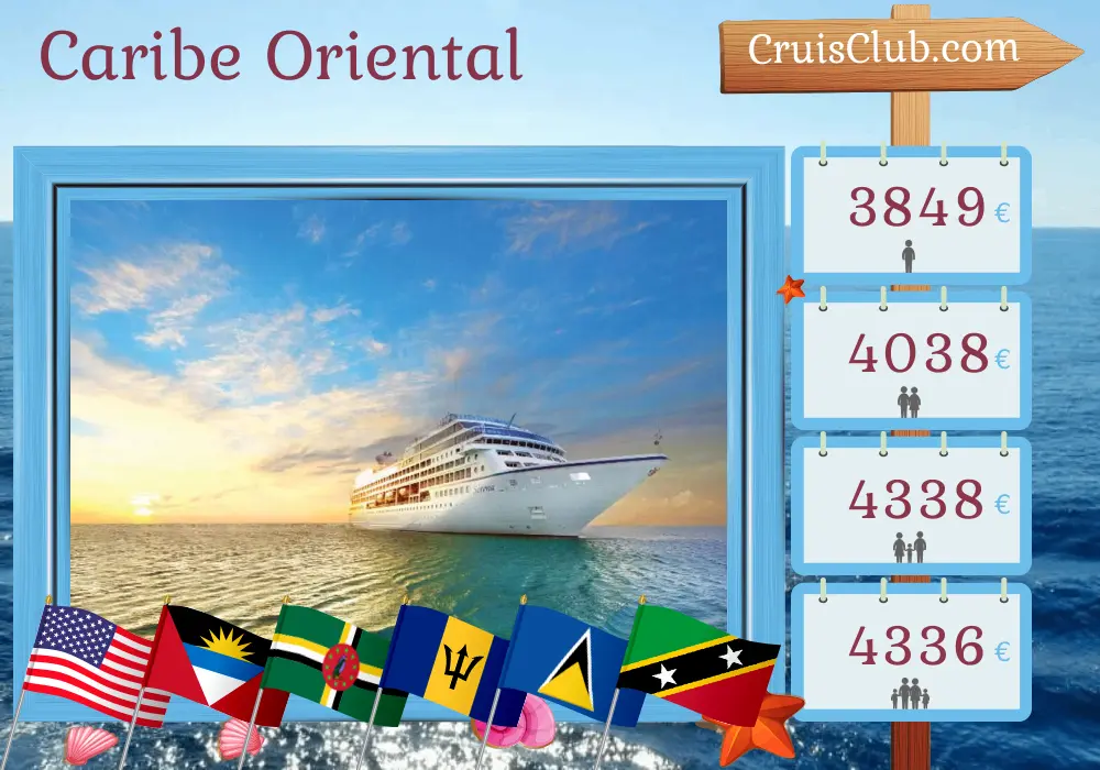 Cruzeiro no Caribe Oriental de Miami a bordo do navio Sirena com visitas aos EUA, Porto Rico, Dominica, Barbados, Santa Lúcia, São Cristóvão e Nevis e Ilhas Virgens Britânicas por 13 dias